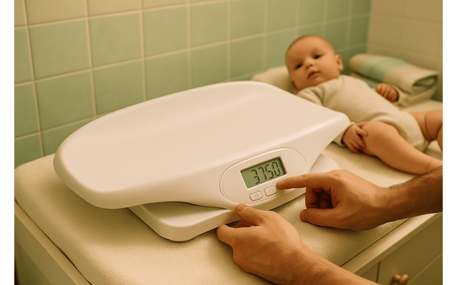Parent comparing or setting up a digital baby scale on a nursery changing table related to: cum aleg un cântar pentru bebeluși