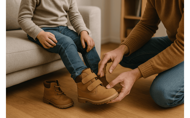 Adult care verifică potrivirea unei ghete în piciorul unui copil